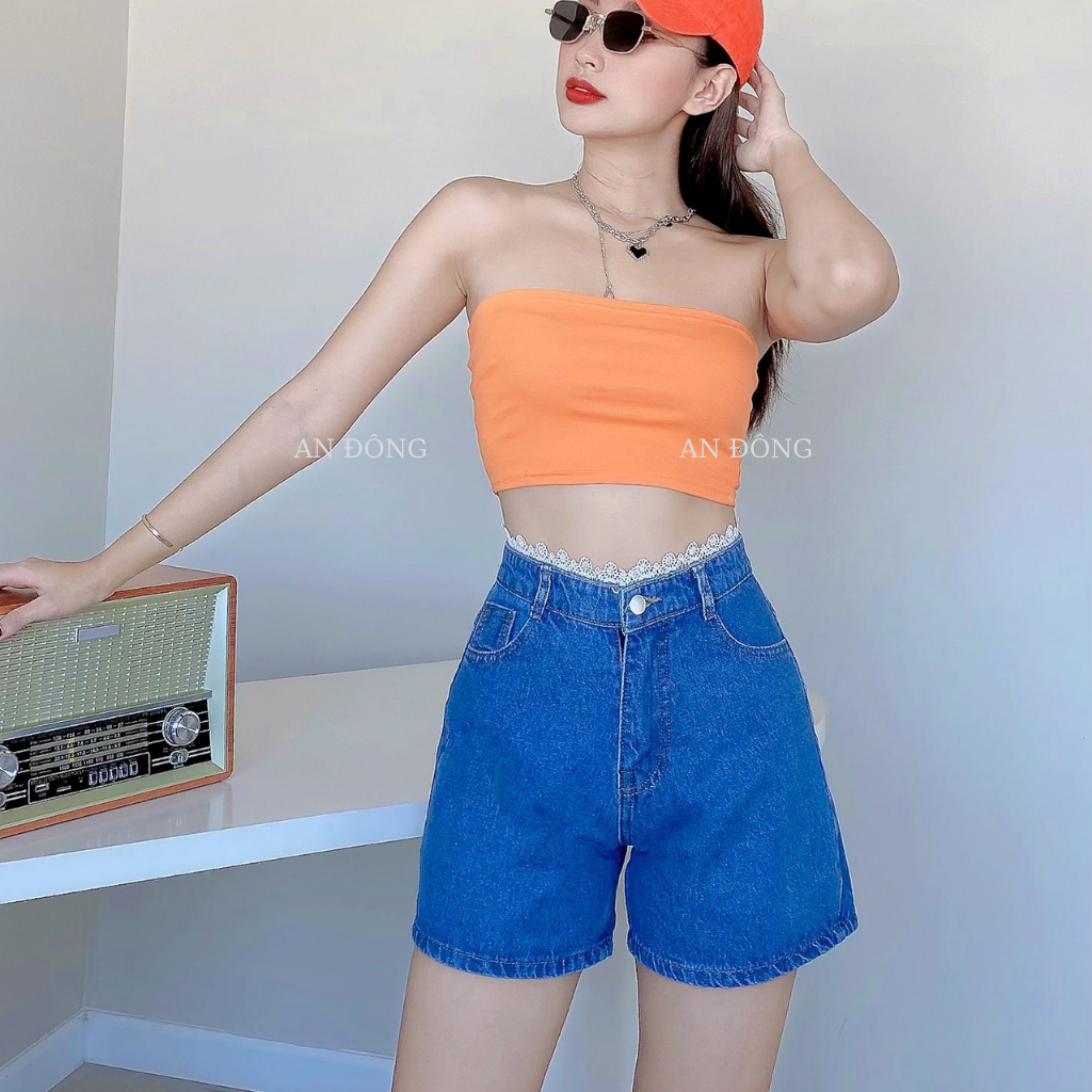 Quần đùi jean, short ngố jean ống rộng lưng cao phối ren