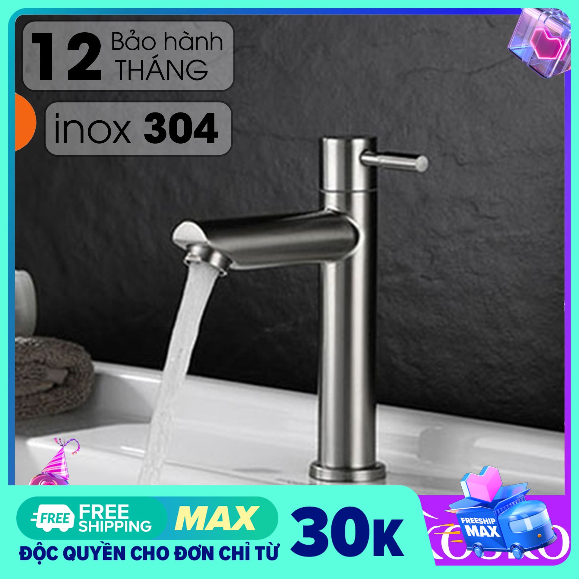 Vòi lavabo Lạnh cao cấp SUS 304 (Hàng chuẩn loại 1) Phù hợp với mọi loại chậu, Vòi chậu rửa mặt inox