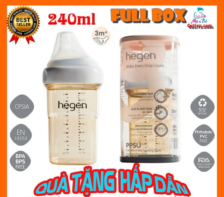 Bình sữa sang chảnh hegen 150ml/240ml hàn quốc cao cấp kèm theo núm