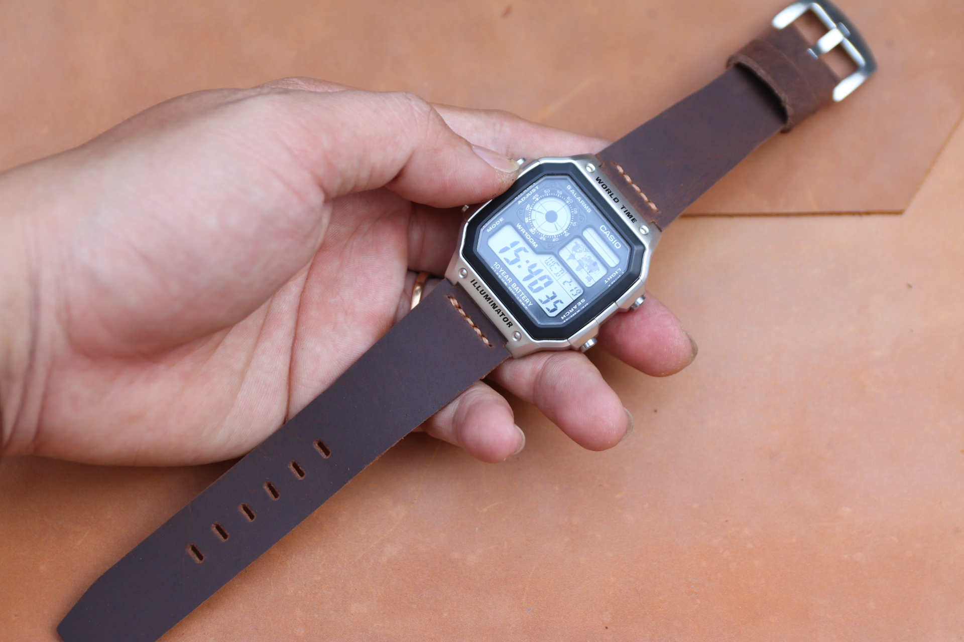 [HCM]Dây đồng hồ da handmade thay thế Casio AE1200