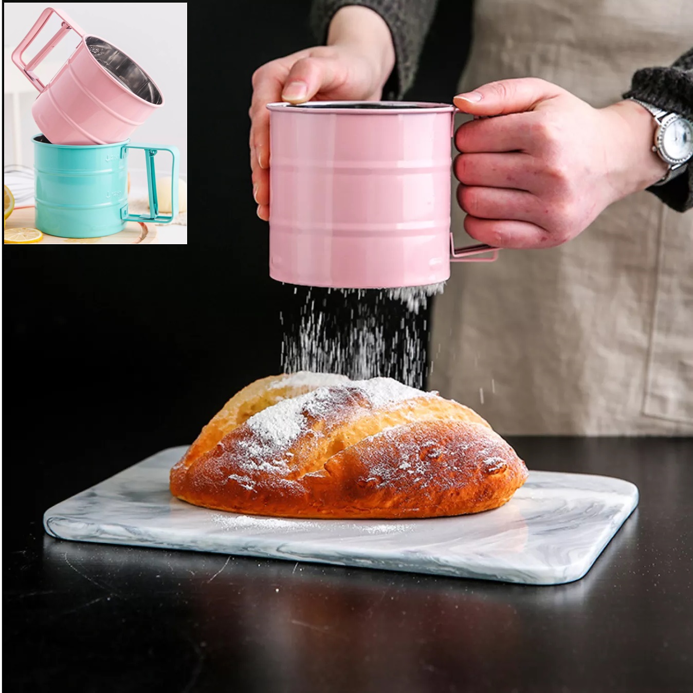 [Sắc Màu] Máy Rây Bột Tự Động INOX. Ca rắc bột Tay Cầm Lưới Lọc Siêu Mịn.  Dụng Cụ Làm Bánh sàn lược Ca cao chuyên nghiệp