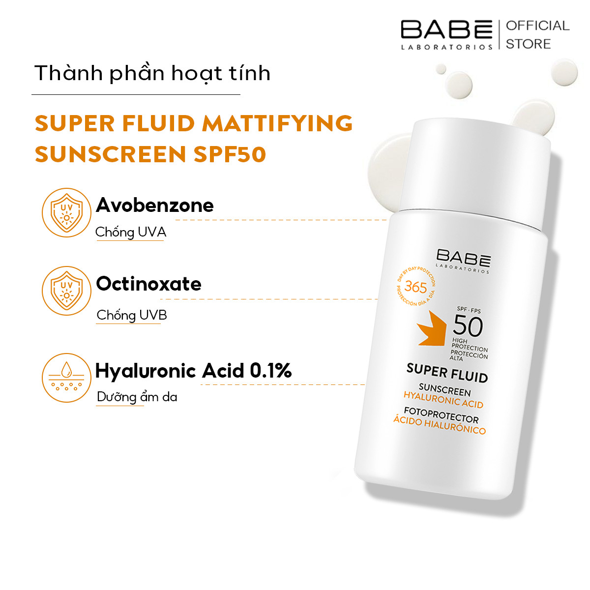 Kem chống nắng phổ rộng dành cho da khô BABE Super Fluid Sunscreen SPF50 50ml