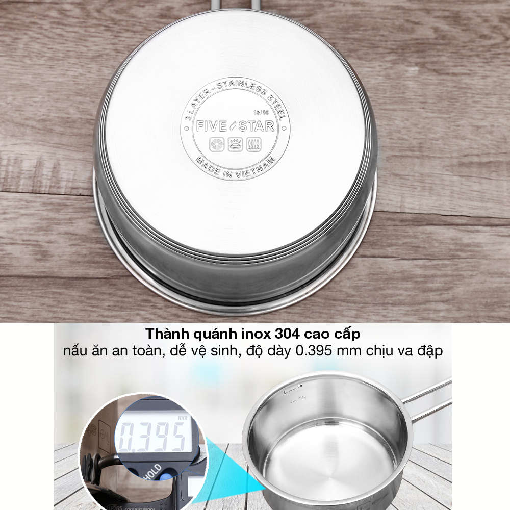 Quánh inox 304 Fivestar Plus 5 đáy vung kính FPQ165D001 size 16cm dùng bếp từ, hàng chính hãng bảo hành 25 năm