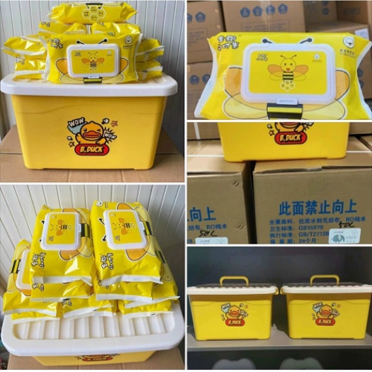 Khăn giấy ướt con vịt vàng loại 80 tờ b.duck hàng nội địa trung cao cấp, mua 10 gói tặng thùng nhựa