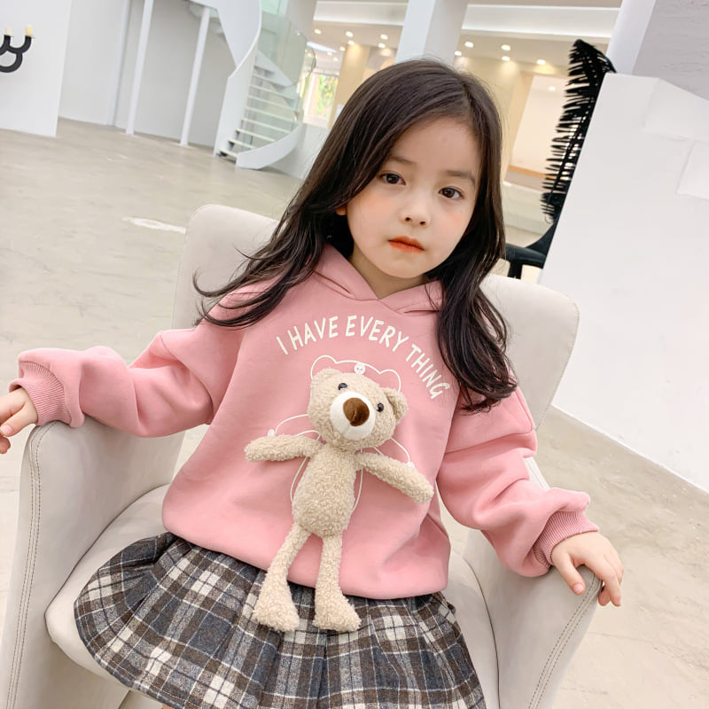 Áo hoodie cho bé gái (12-38kg), chất nỉ lót lông, kèm gấu bông dễ thương