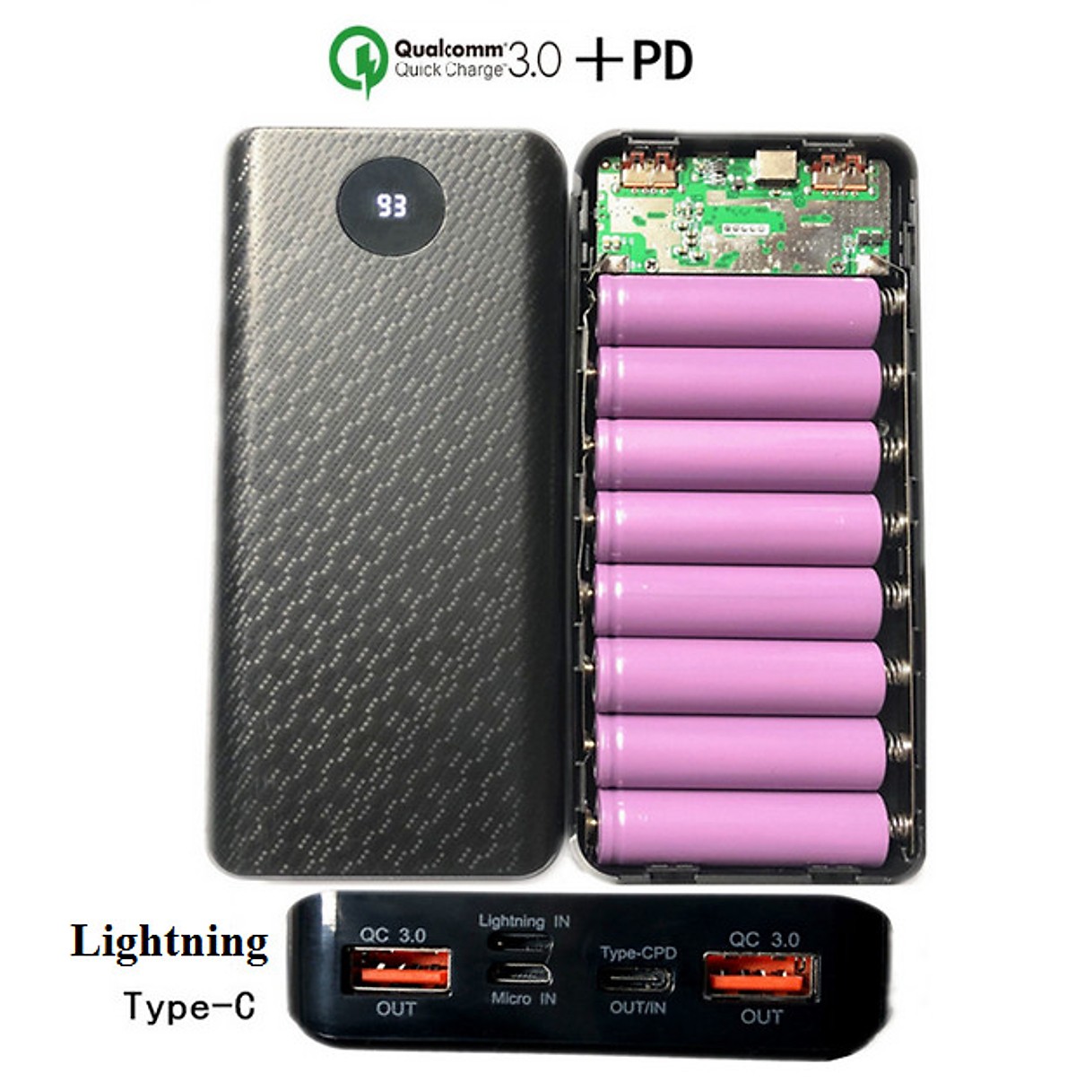 Box Sạc nhanh dự phòng  QC3.0 , 8 Cell Pin 18650( Chưa PIn, màu đen)