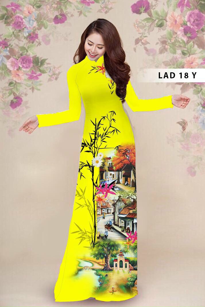 Áo dài phố cổ truyền thống may sẵn lụa hàn in hoa 3D kèm quần