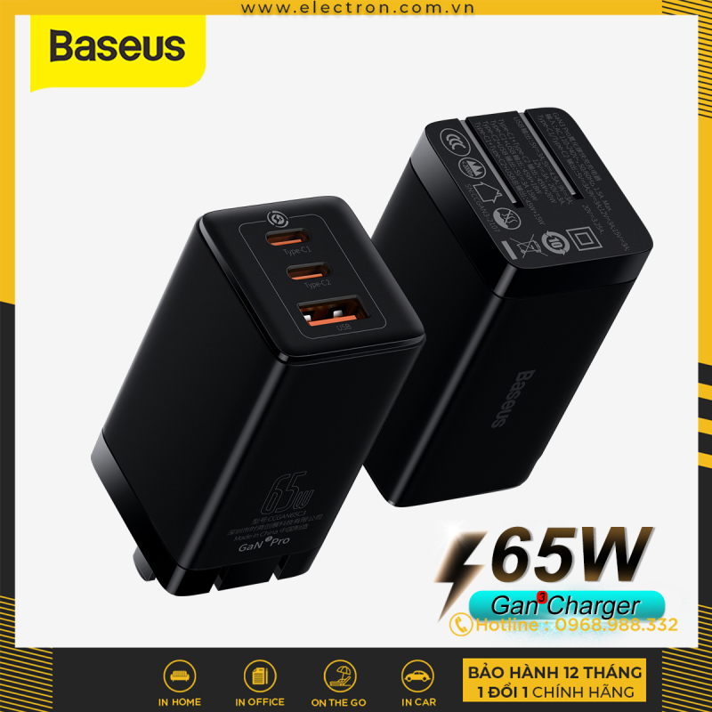Bộ sạc nhanh Baseus GaN3 Pro Quick Charger 65W (Type Cx2 + USB , PD3.0/ PPS/ QC4.0/ SCP/ FCP Multi Quick Charge Protocol, GaN2 Technology)