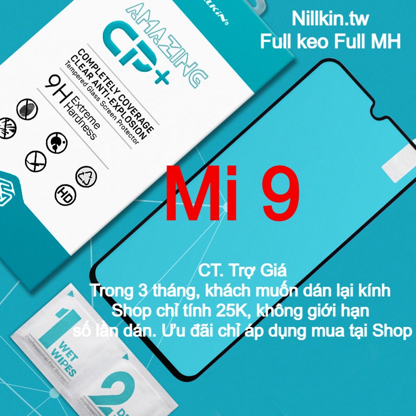 Miếng kính cường lực cho Xiaomi Mi 9 Full màn hình hiệu Nillkin.tw