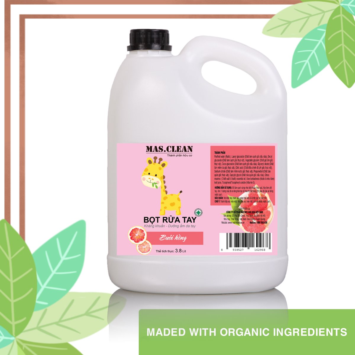 Nước rửa tay bọt hữu cơ Mas.Clean - can 3.8L