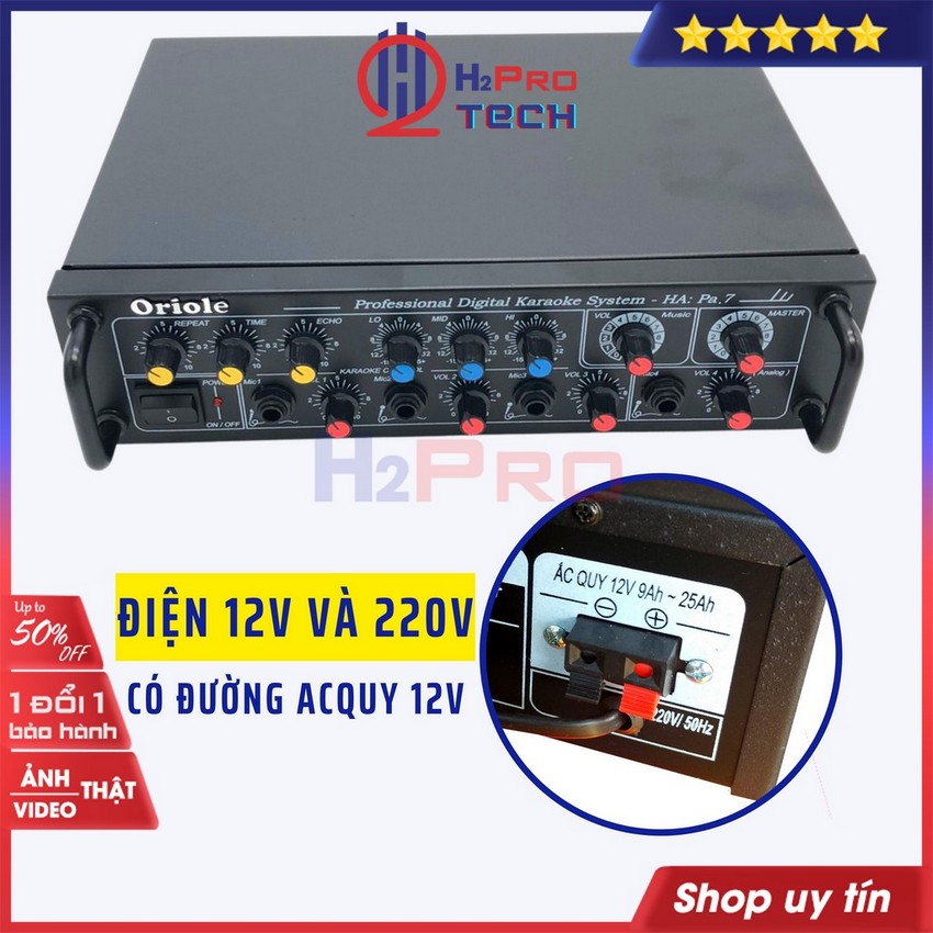 Âm Ly Mini Oriole Pa7 Công Suất Lớn 250W Dùng Loa Phóng Thanh, 4 Sò Lớn, 4 Đường Mic, 12V-220V, Tặng Dây Av-H2Pro Tech