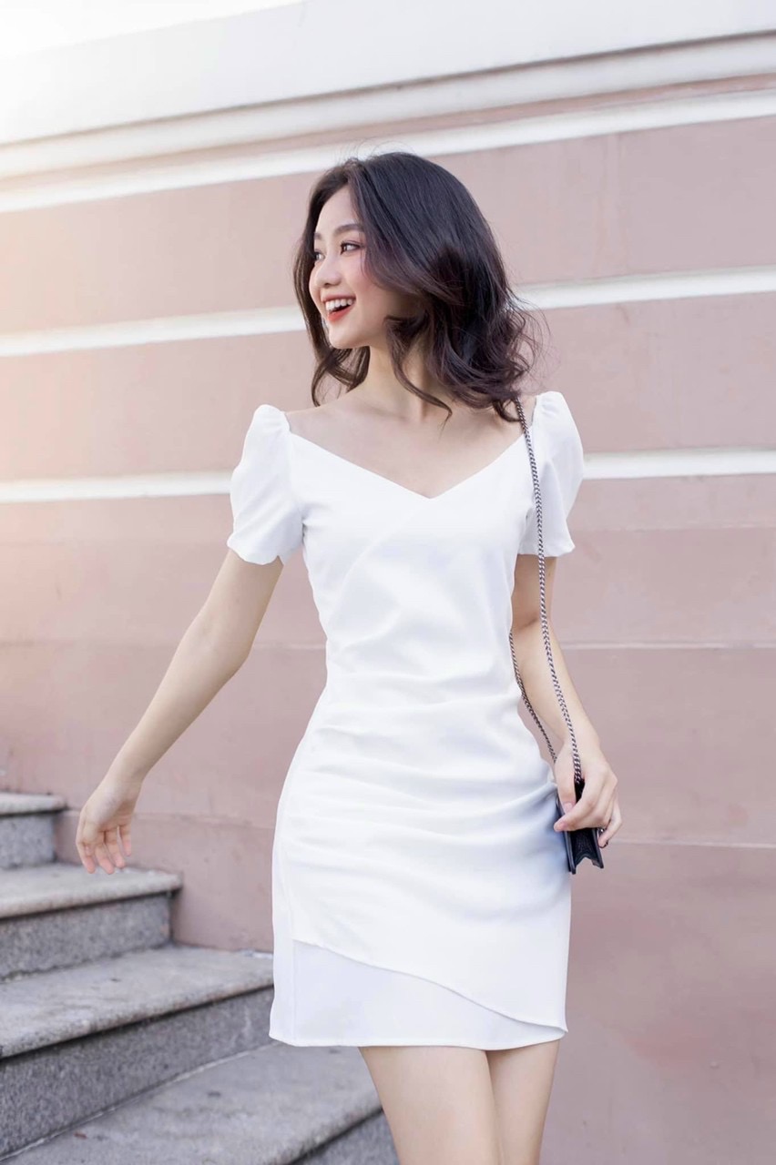 Đầm cổ V nhúng eo 2 màu