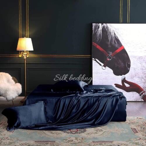 ( Lụa Loại 1) Ga Giường Phi Lụa Màu Xanh Đen Cao Cấp Mềm Mại Lan Pham Bedding