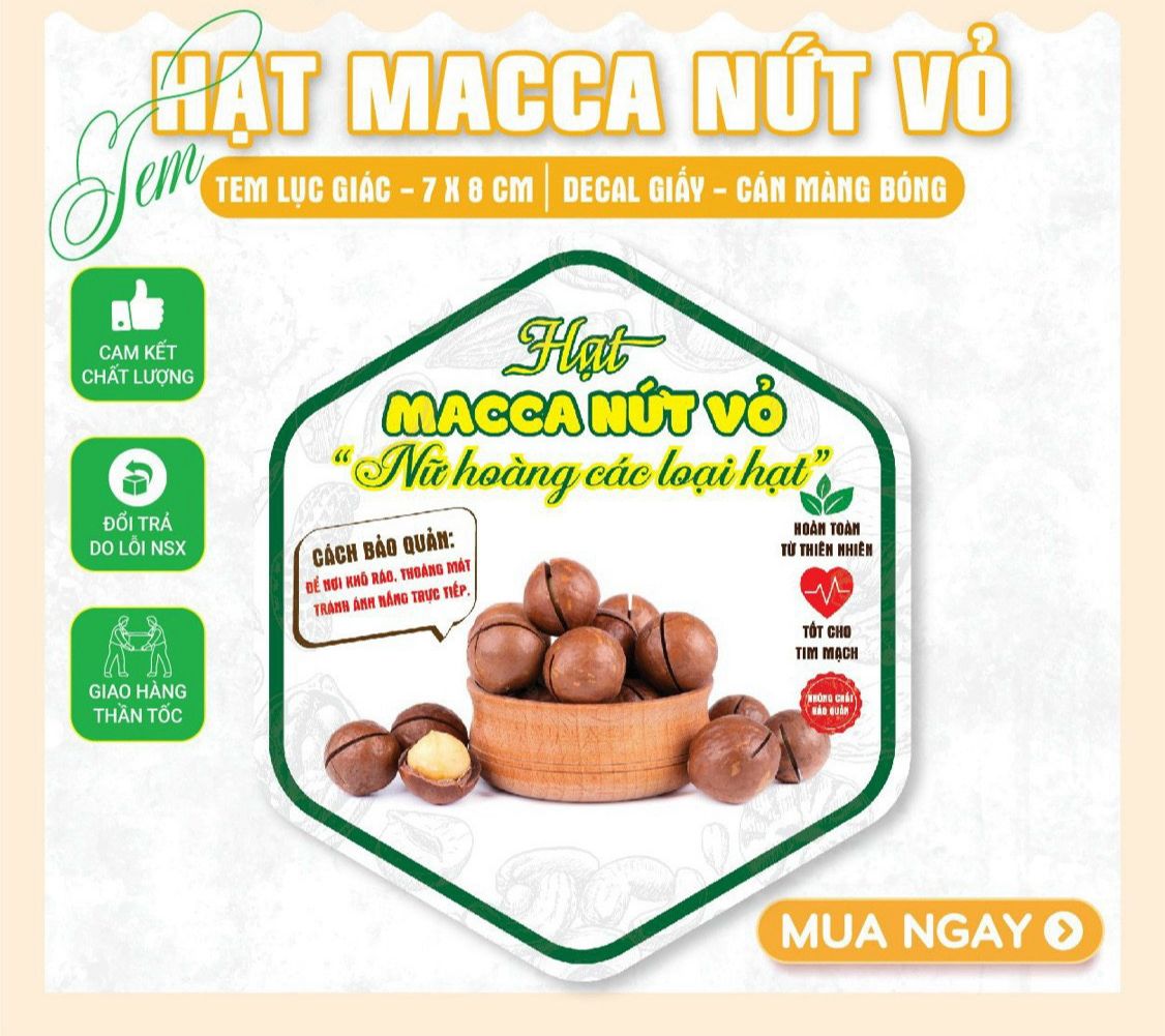 55 tem lục giác 7x8cm - Hạt Macca nứt vỏ