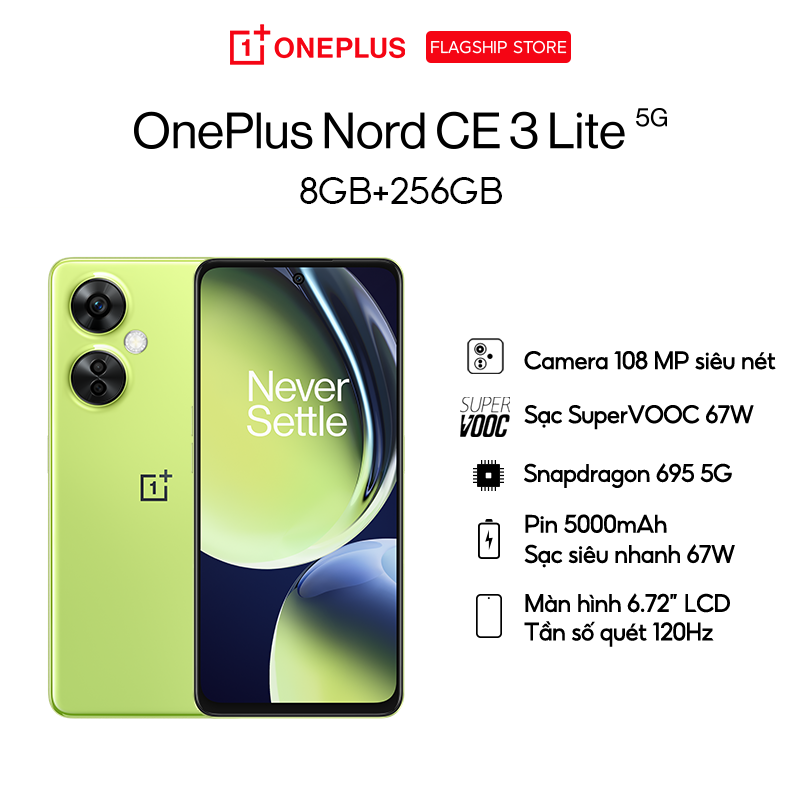 Điện thoại OnePlus Nord CE 3 Lite 5G | IPS LCD, 120Hz | 6.72 inch | 5000mAh | Sạc nhanh SuperVooc 67W | Cam 108MP