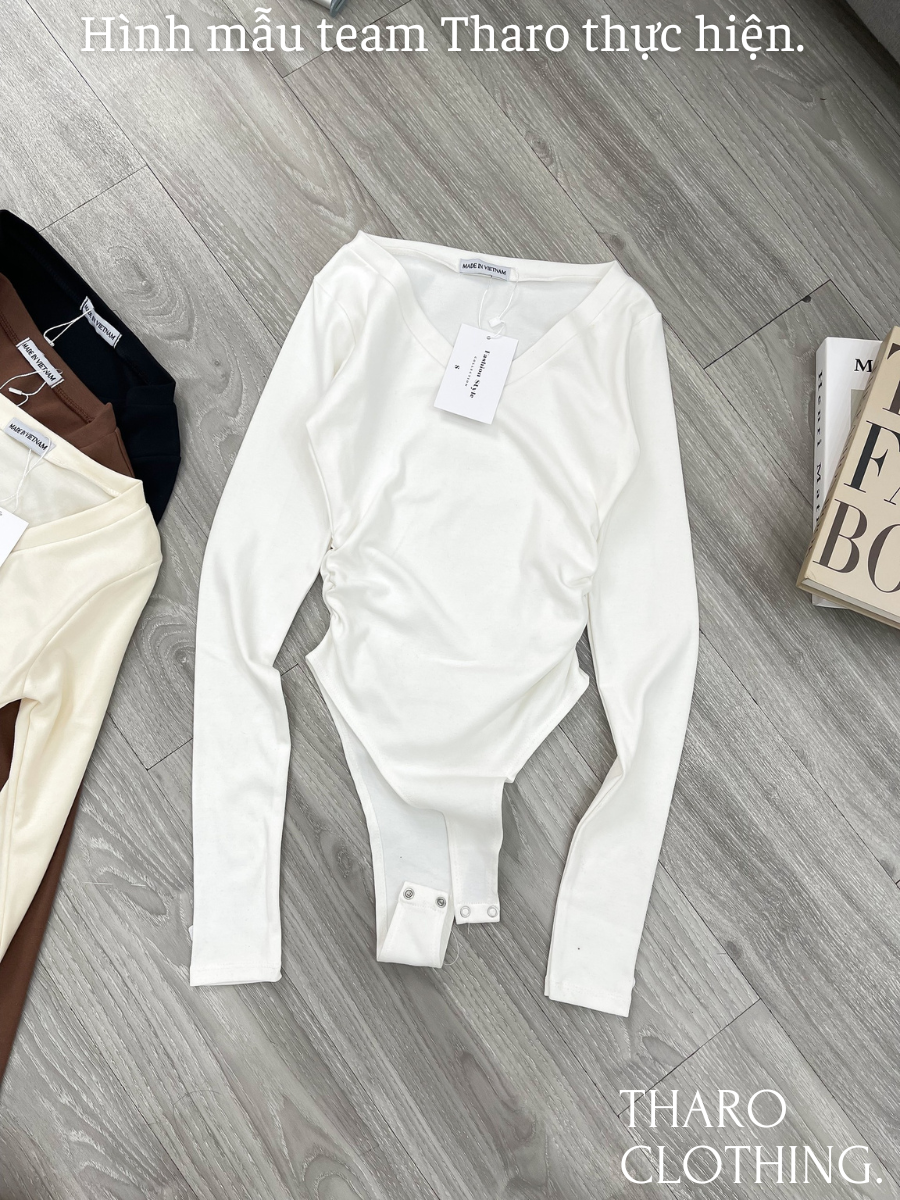 Bodysuit Cổ Tim Tay Dài Nhún Eo - Tharo Clothing