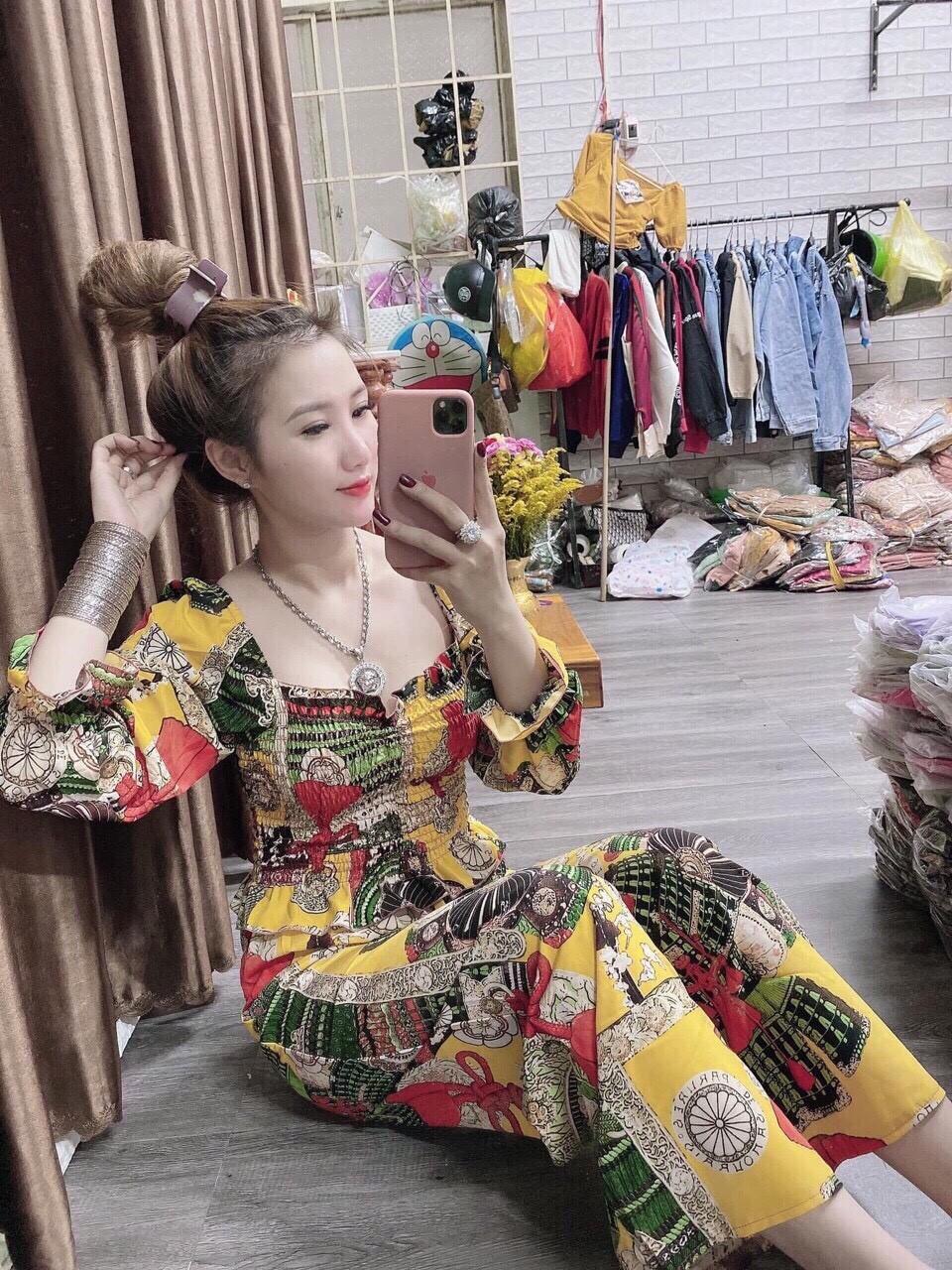 [HCM]Set bộ thổ cẩm áo tay lỡ cổ V dây rút quần dài ống suông cực đẹp