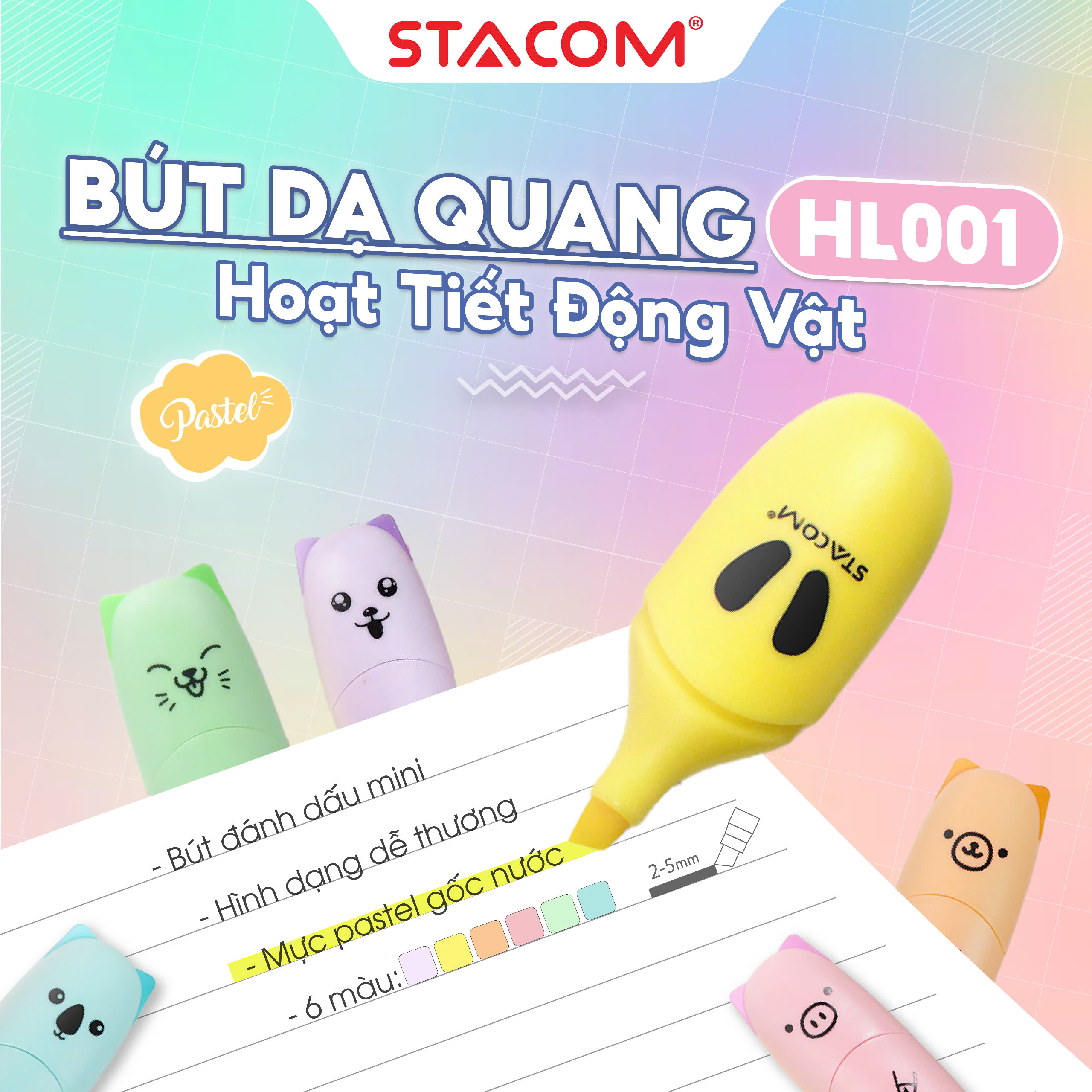 Bút Dạ Quang Mini Màu Pastel STACOM - HL001 - Hình Tiết Động Vật Xinh Xắn