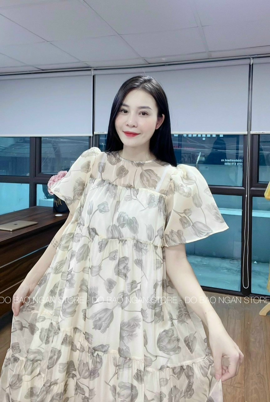 Đầm bầu công sở thiết kế-váy bầu xinh hoa nhí xếp tầng đẹp