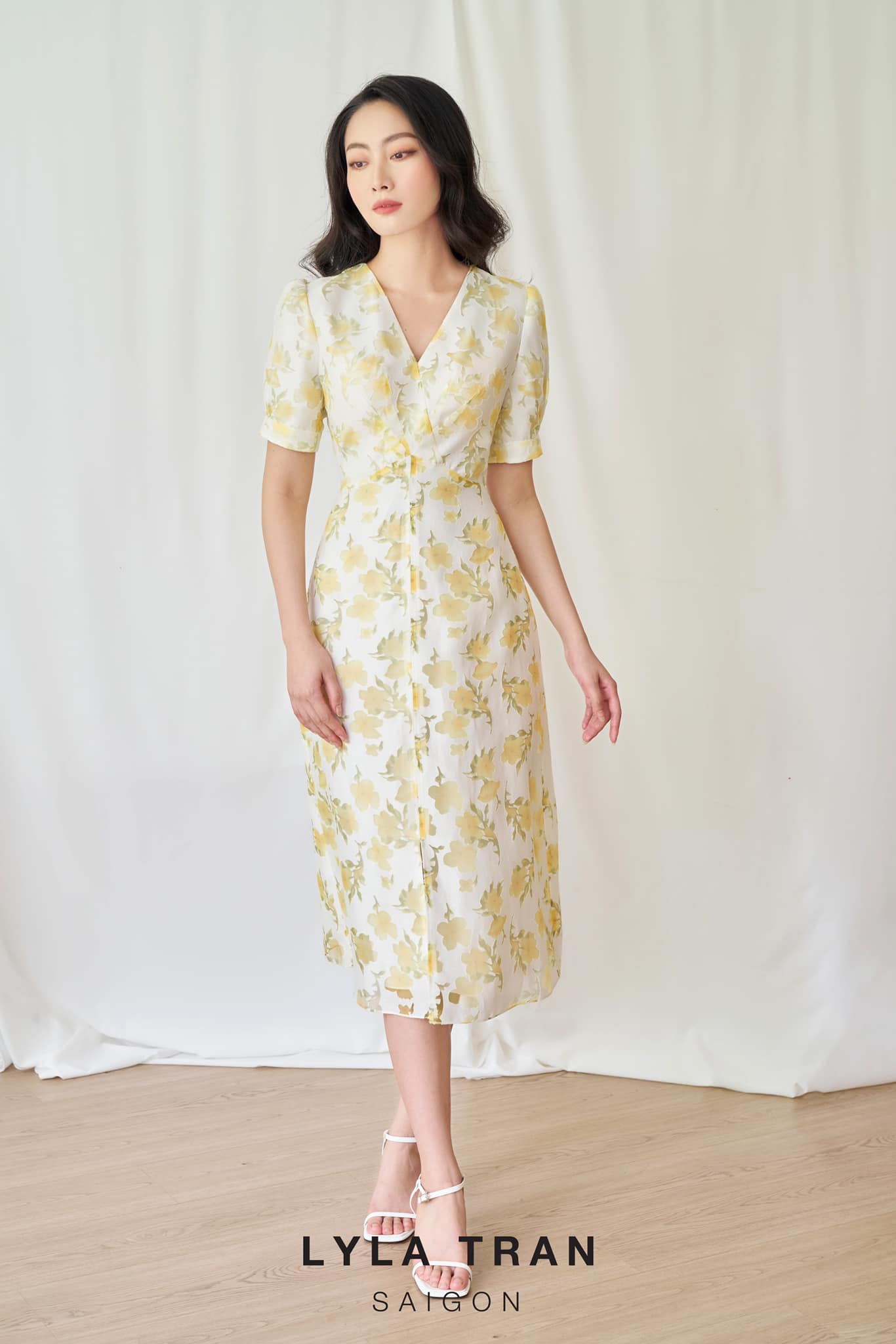 Đầm hoa cổ tim tay phồng (MAI FLORAL)
