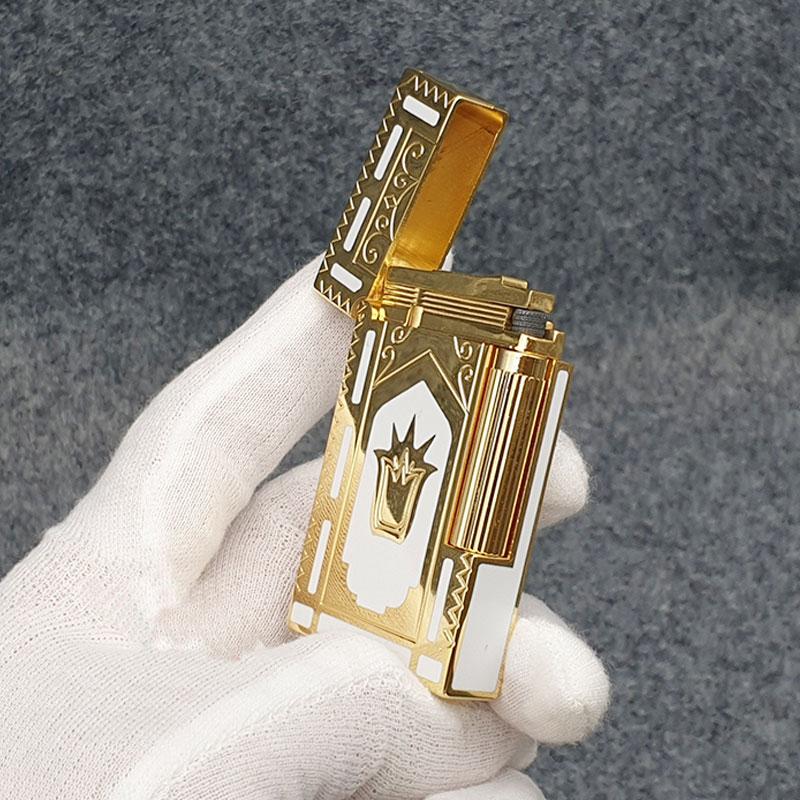 Hộp Quẹt Bật Lửa ga đá Dupont D-82V nền trắng viền vàng hình vương miện