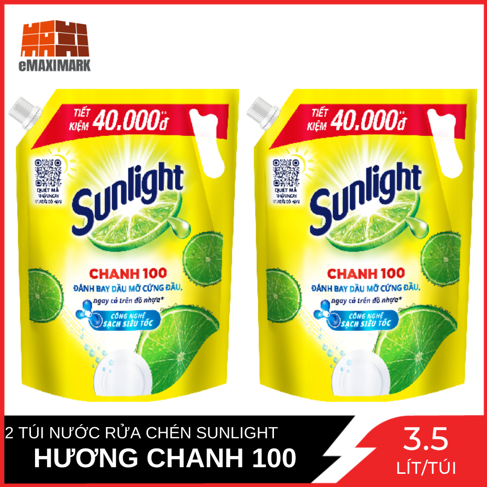 Combo 2 nước rửa chén sunlight chanh 100 túi 3.5 kg