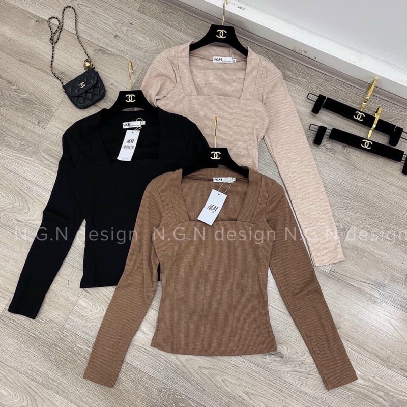 Áo len tăm cổ vuông croptop dài tay