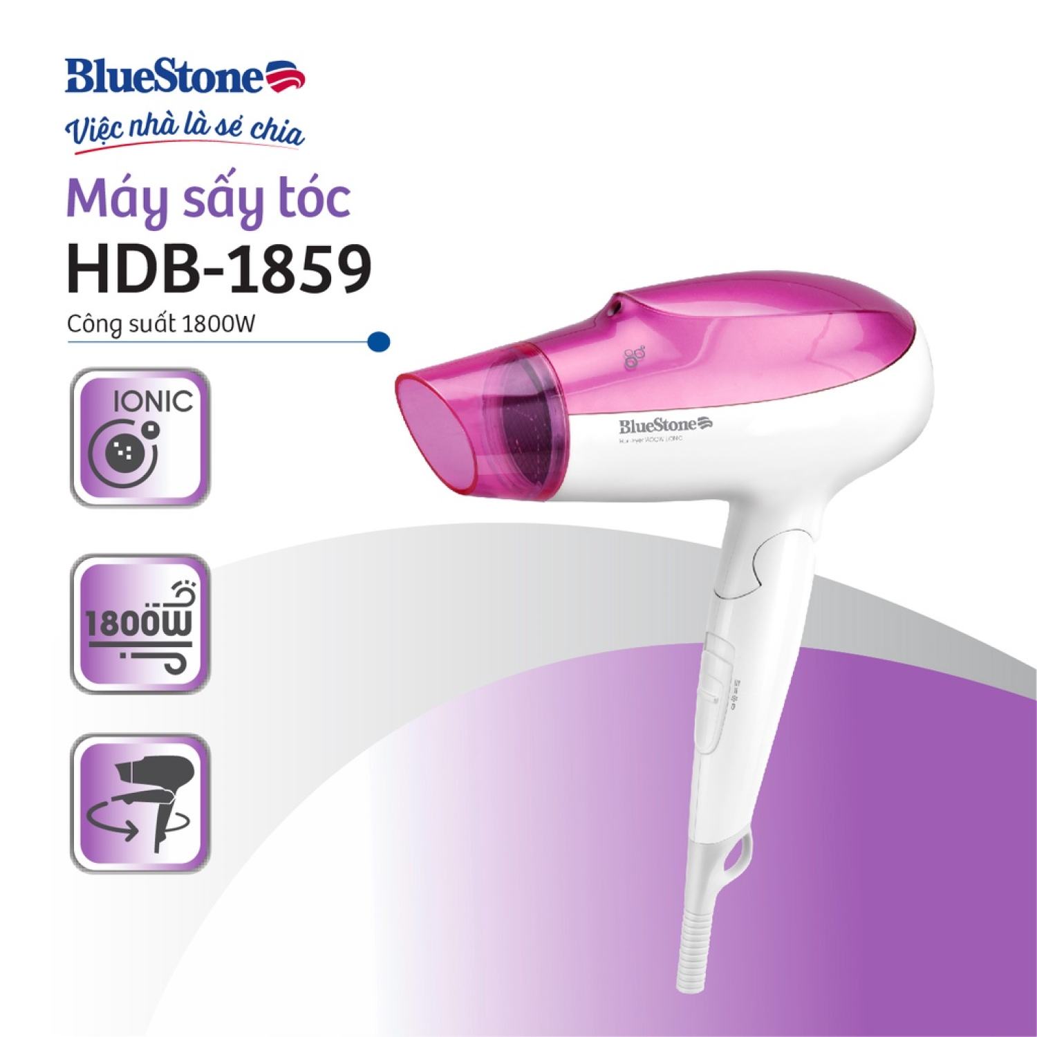 MÁY SẤY TÓC BLUESTONE HDB-1859, 2100W Sây ionic, Hàng Chính Hãng