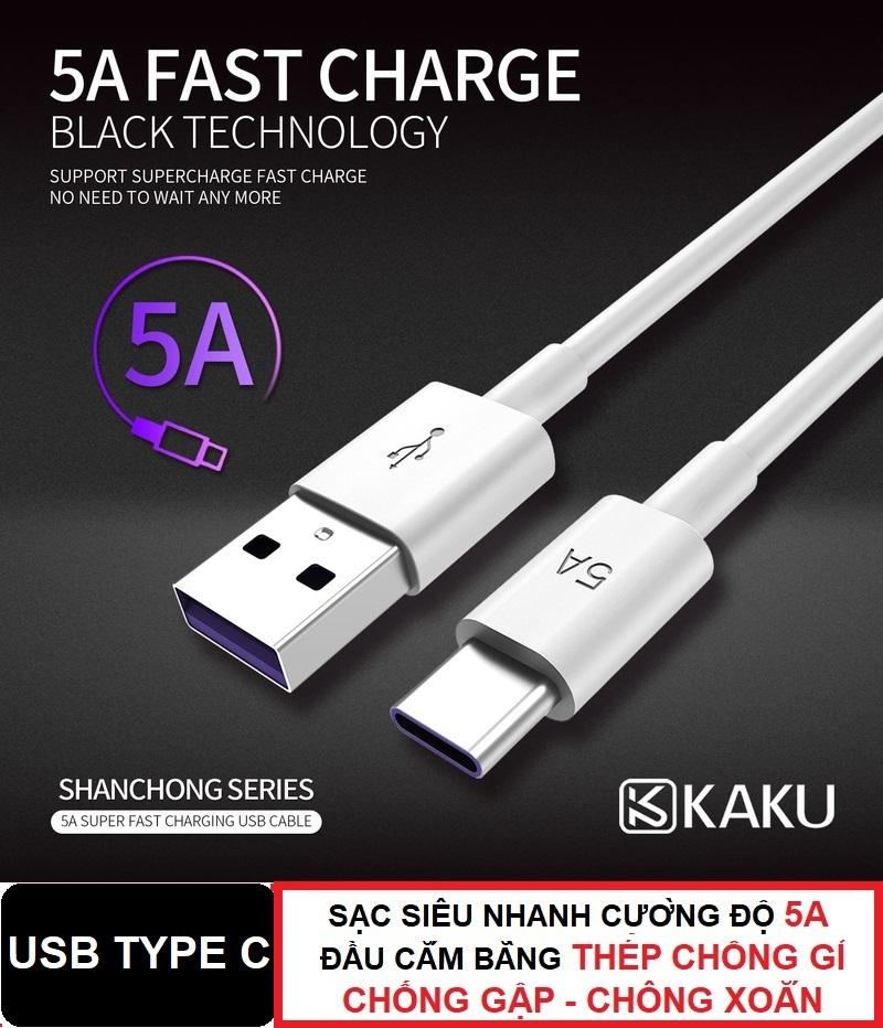 Cáp sạc USB Type C cho smartphone android - Sạc nhanh 5A - Đầu bọc chống gỉ - Bọc nhựa TPE - Chống rối - Chống đứt - Hãng KAKU - cáp sạc Samsung Oppo LG Sony Nokia Xiaomi Huawei Xiaomi Vivo B