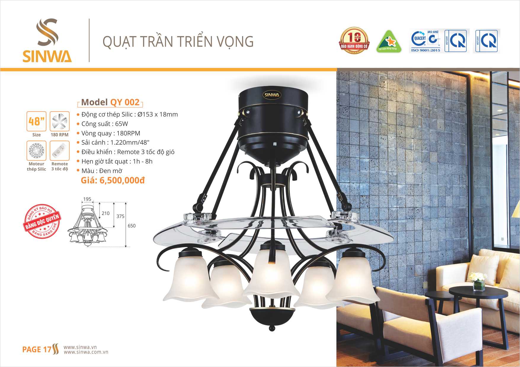 Quạt trần cánh xèo đèn QY002