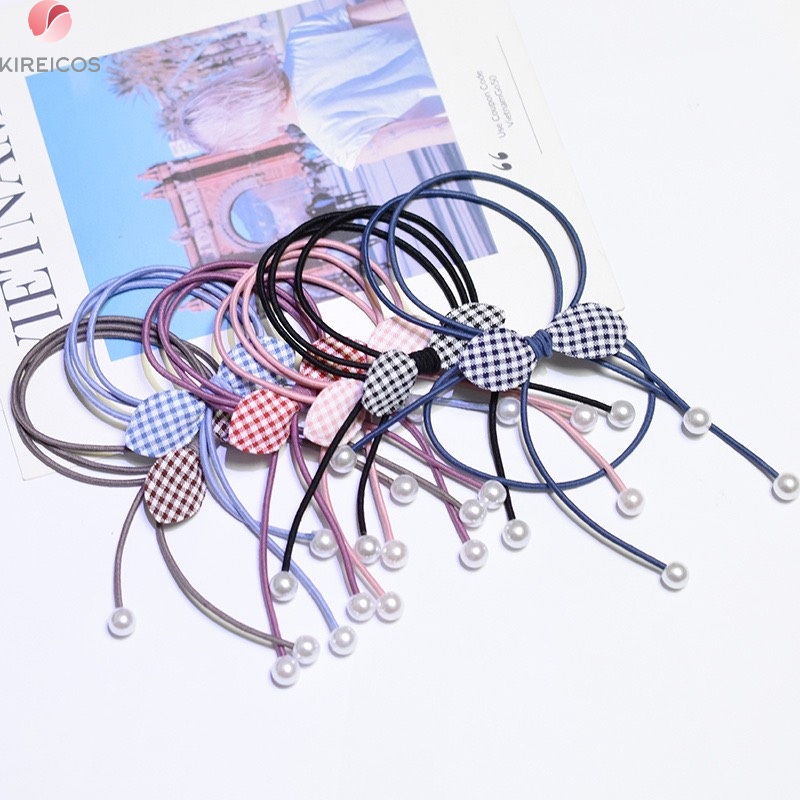 Set dây cột tóc nơ caro đính hạt châu nhân tạo siêu xinh