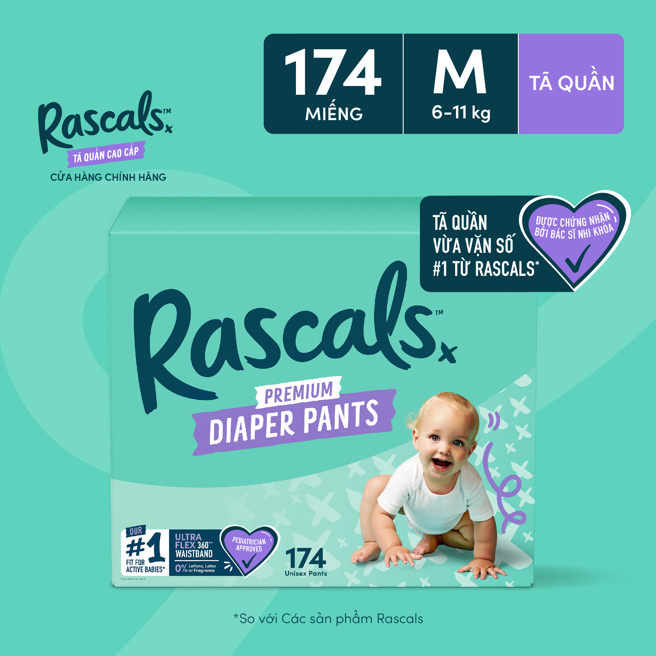 Thùng 3 bịch Tã/Bỉm Quần Rascals Size M (6-11kg) 174 miếng