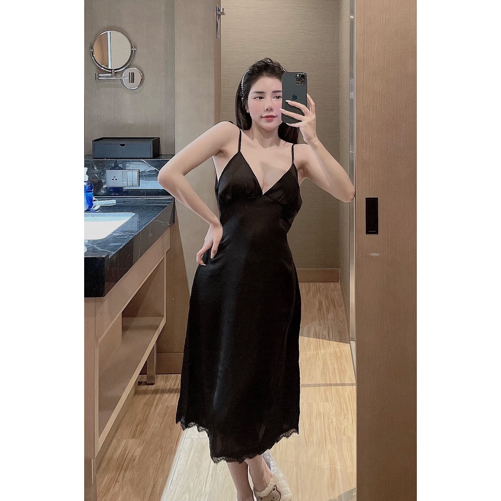 Đầm Ngủ 2 Dây Thắt Nơ Vai Sexy Chất Lụa Cực Mát Freesize