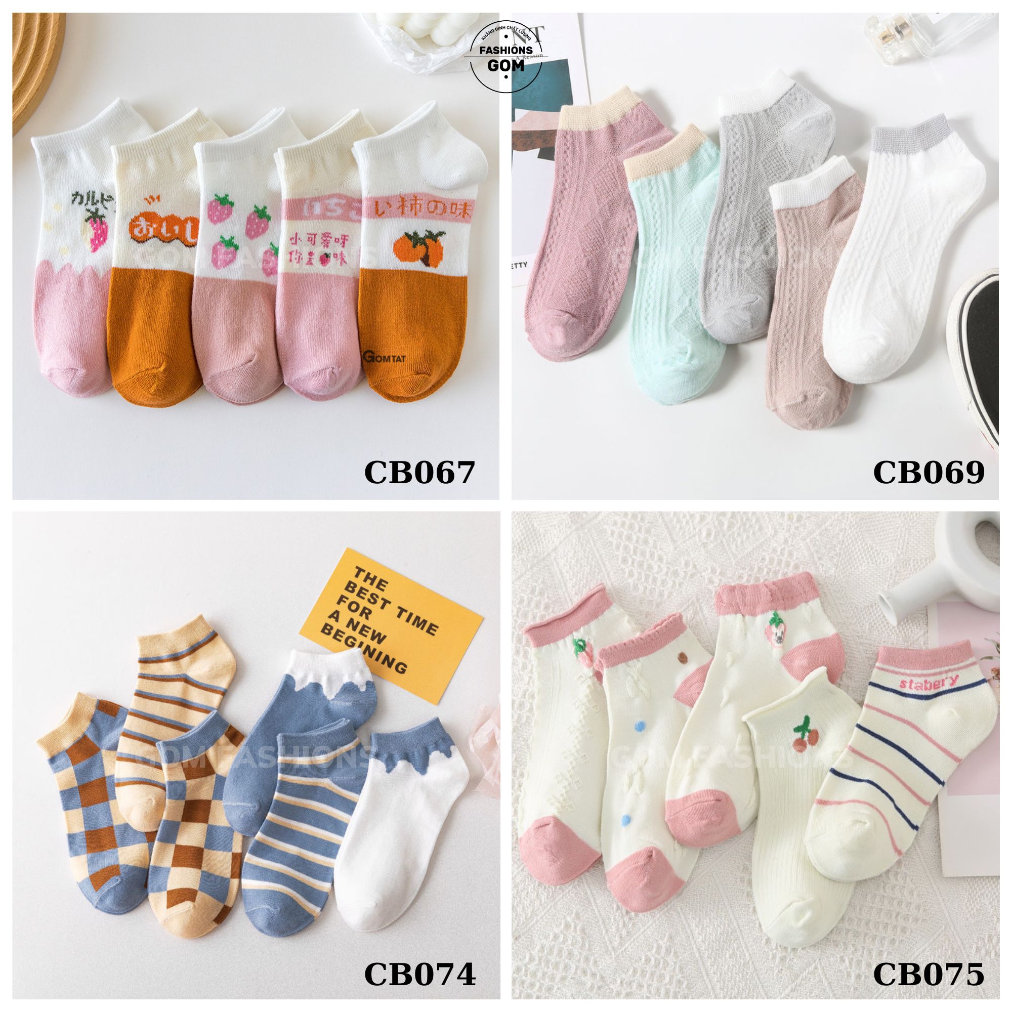 Set 5 đôi vớ nữ cổ ngắn vintage họa tiết dễ thương, tất chân nữ cute chất cotton thoáng mát khử mùi - CB5DOI