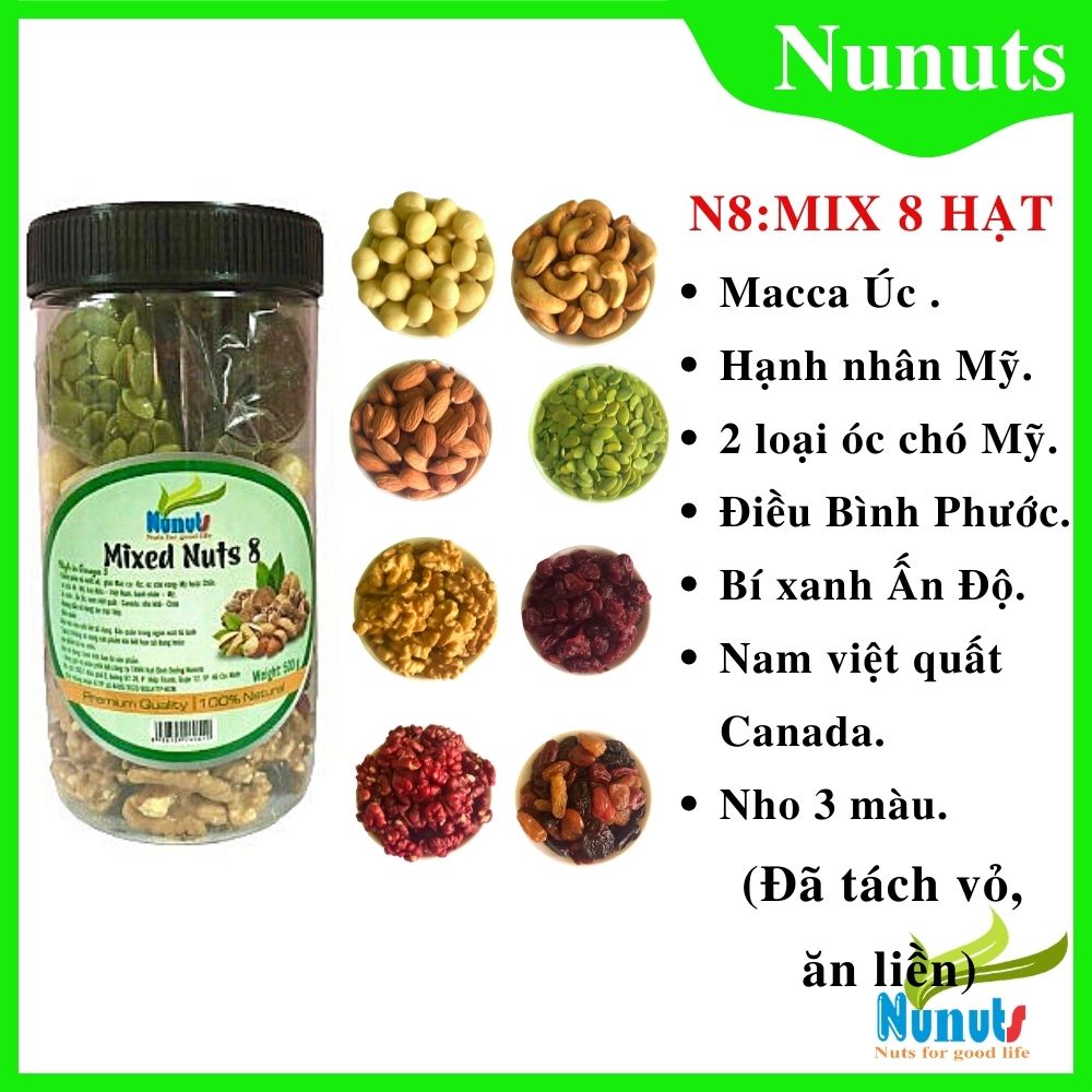 Mixed nuts 8 loại hạt và trái cây (hạt mắc ca, hạt óc chó đỏ, hạt óc chó vàng, hạt hạnh nhân, hạt bí xanh, hạt điều, nho khô, nam việt quất). Đã tách vỏ, ăn liền
