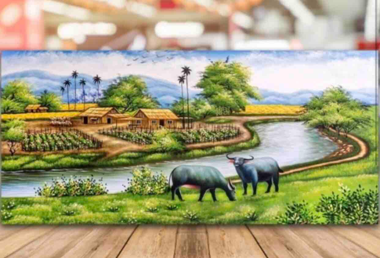 Tranh thêu phong cảnh làng quê kt 100x50cm thêu kín