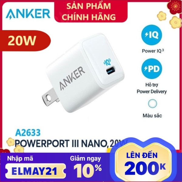 Cốc Sạc ANKER Powerport III Nano 20W 1 cổng USB-C PiQ 3.0 tương thích PD - A2633 - Hỗ trợ sạc nhanh 20W cho iPhone 8 trở lên hshop365 abshop365 abshop hshop