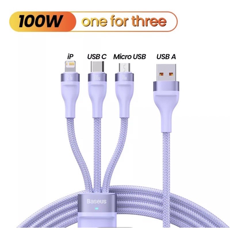 Cáp Sạc Nhanh 3 Đầu Baseus 100W 3 in 2 (USB + Type C to Micro + LN + Type-C)