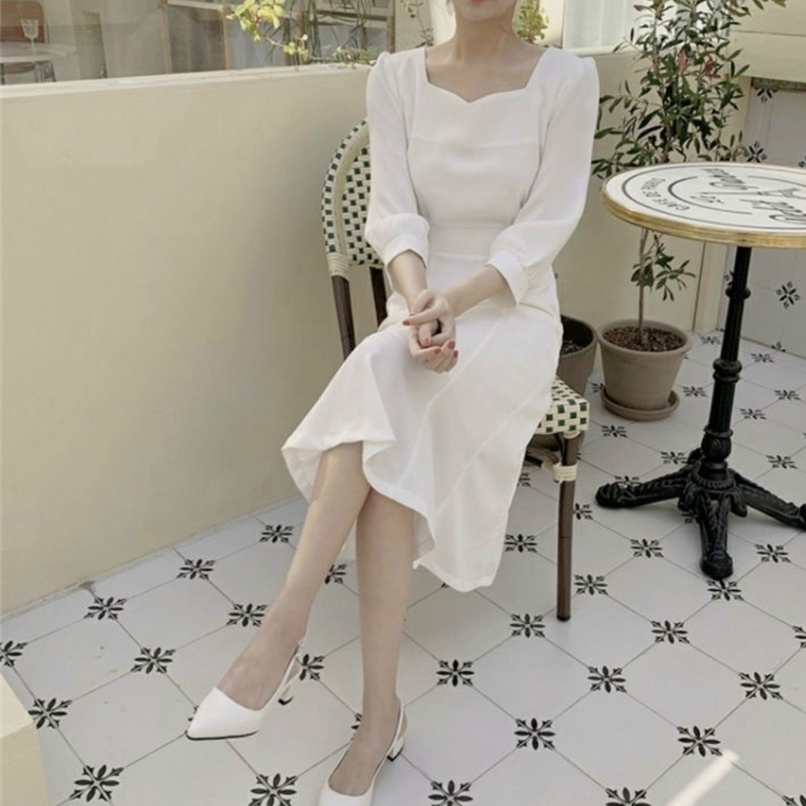 Đầm cổ V thắt nơ 2 màu