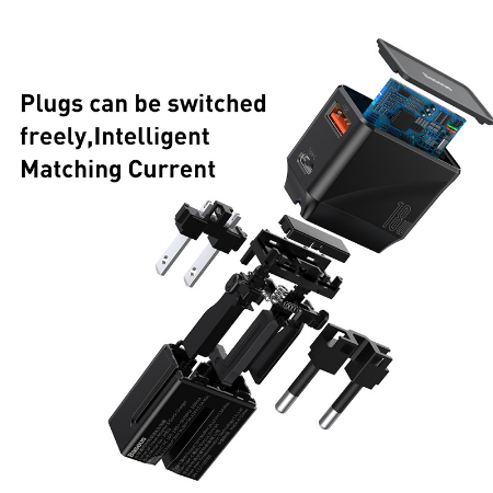 Củ sạc du lịch Baseus Youth Edition Universal Conversion Plug sạc nhanh 18W 1 cổng USB + 1 cổng Type-C với các chân cắm tiêu chuẩn quốc tế