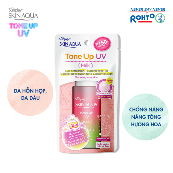 Sữa chống nắng nâng tông dành cho da dầu/hỗn hợp Sunplay Skin Aqua Tone Up UV Milk Happiness Aura (Rose) (cho da sáng hồng, khuyết điểm xanh) (50g) cao cấp