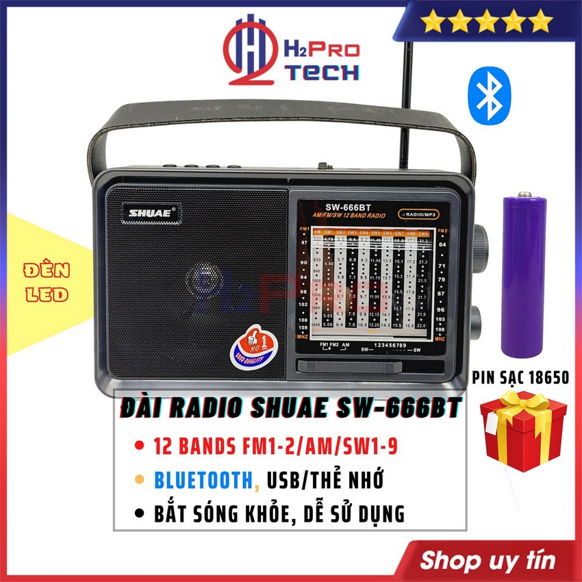 Đài radio đa năng shuae sw-666bt 12band fm/am/sw, bluetooth/usb/thẻ nhớ, đài nghe nhạc cao cấp, tặng pin sạc-h2pro tech
