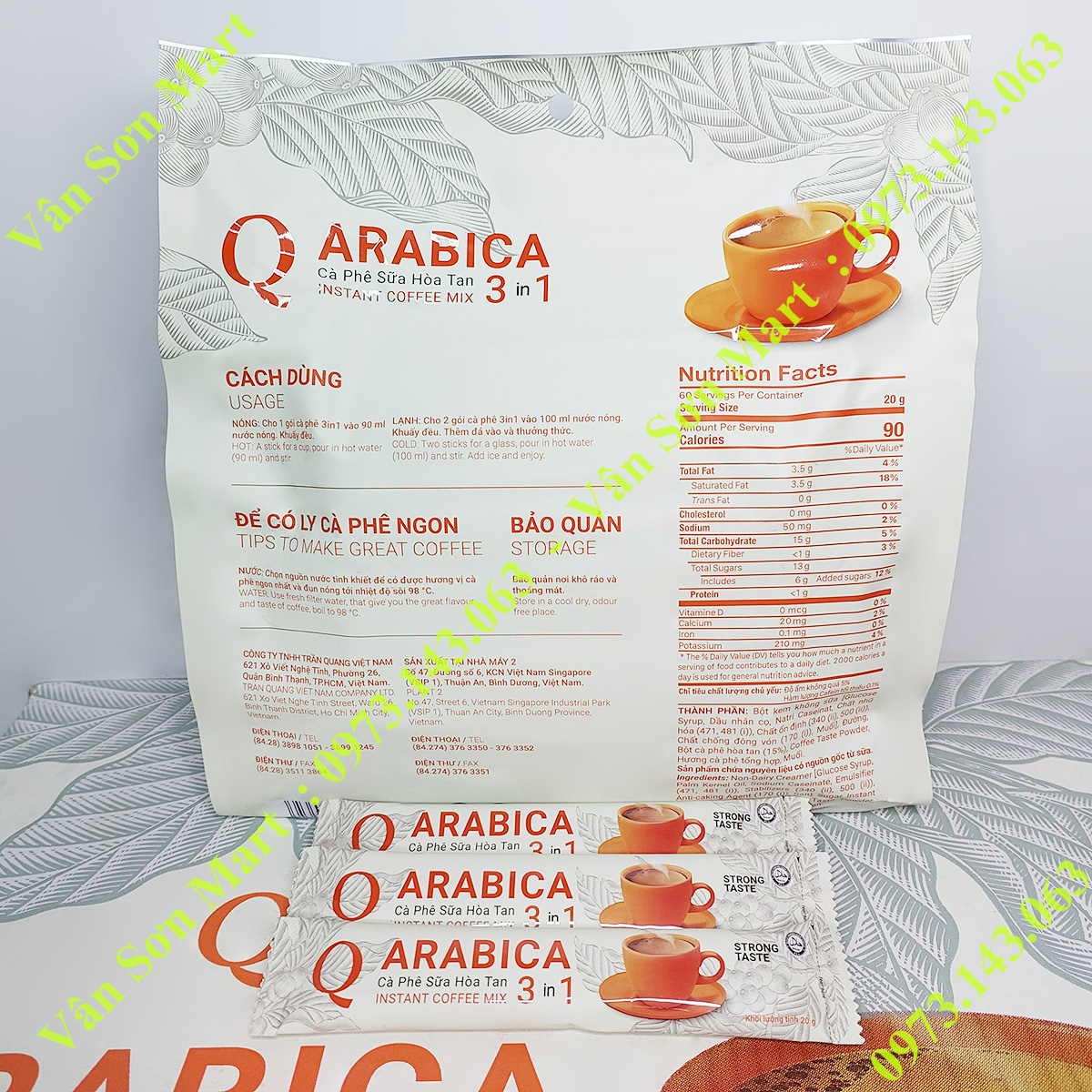 Cà phê sữa Arabica Trần Quang bịch lớn 1.2Kg (60 gói dài x 20g)