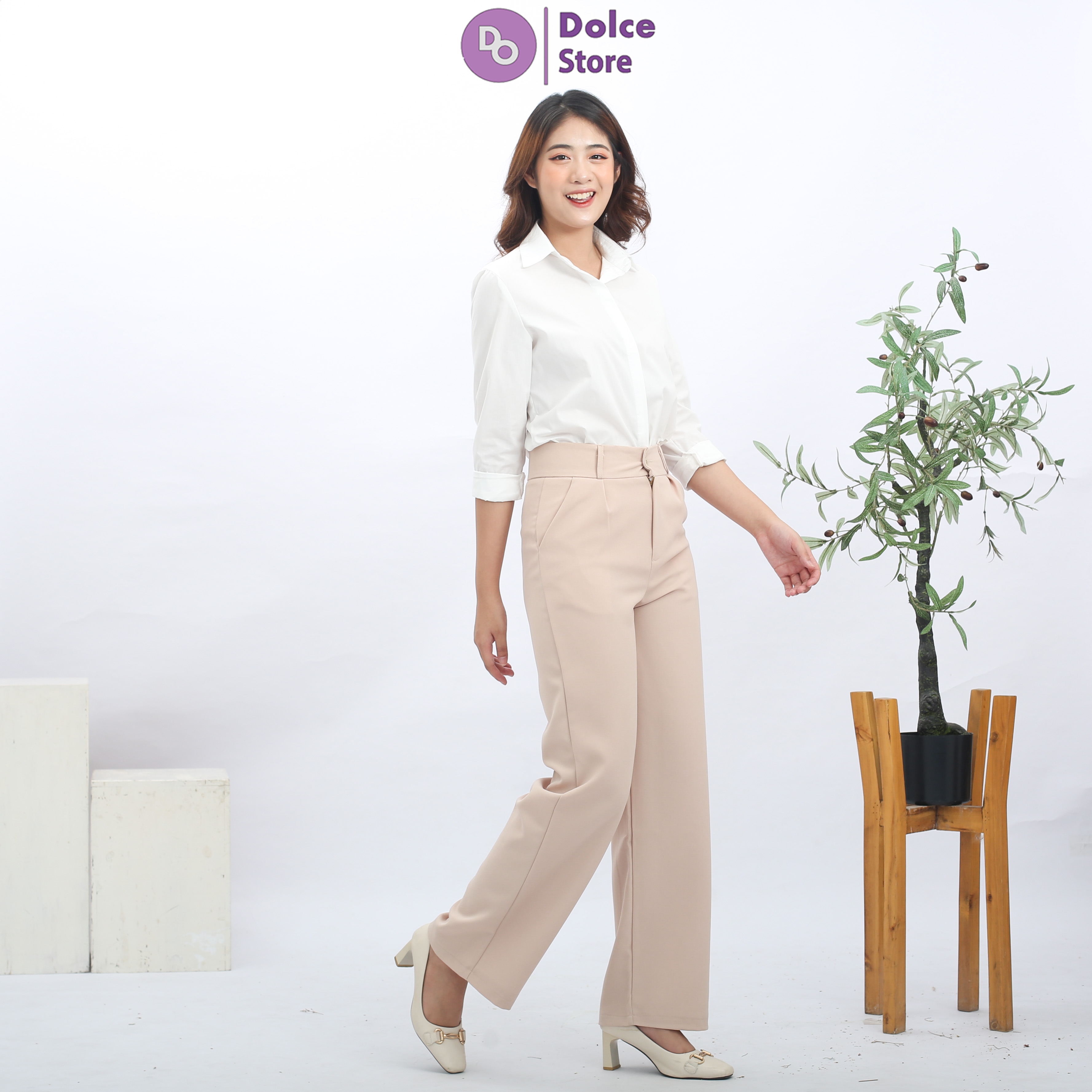 Quần ống suông công sở cạp cao dài 100cm - Dolce
