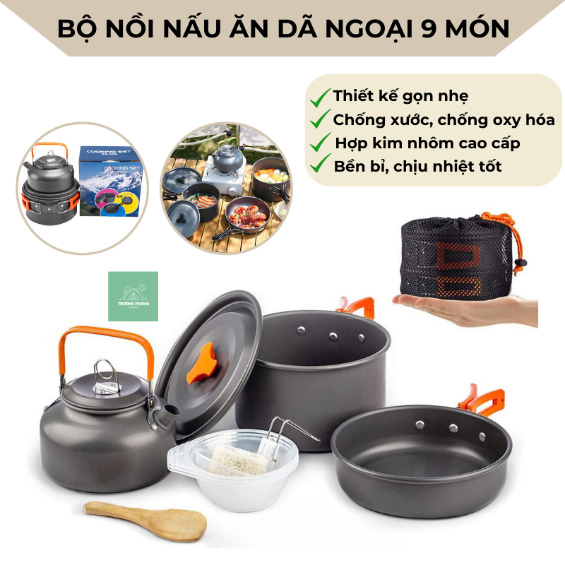 Bộ nồi nấu ăn dã ngoại xếp gọn 9 món có ấm nước, nồi-chảo dã ngoại, chất liệu hợp kim nhôm cao cấp, nhỏ gọn nhẹ tiện dụng - DCP23