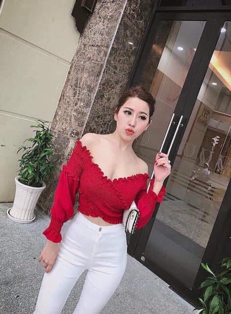 Áo voan trễ vai nhúm đắp chéo siêu hot
