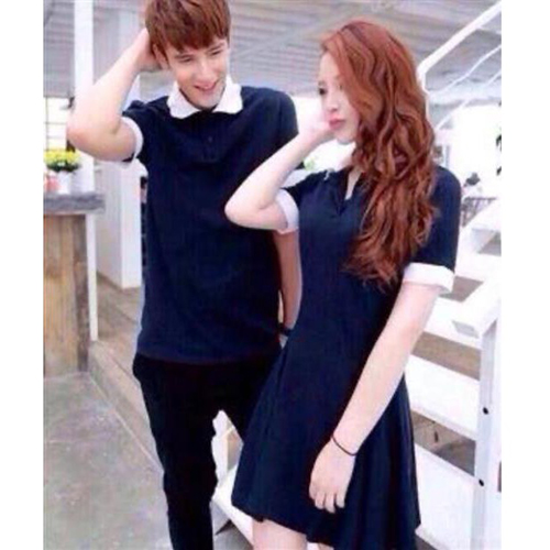 Áo váy thun đôi xanh cổ trắng