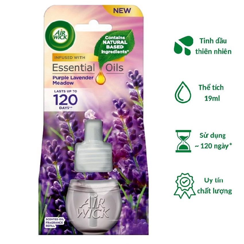 Chai tinh dầu cắm điện Air Wick Refill AWK2281 Purple Lavender Meadow 19ml (Hương hoa oải hương), sử dụng điện 220V, làm thơm không gian nhanh chóng