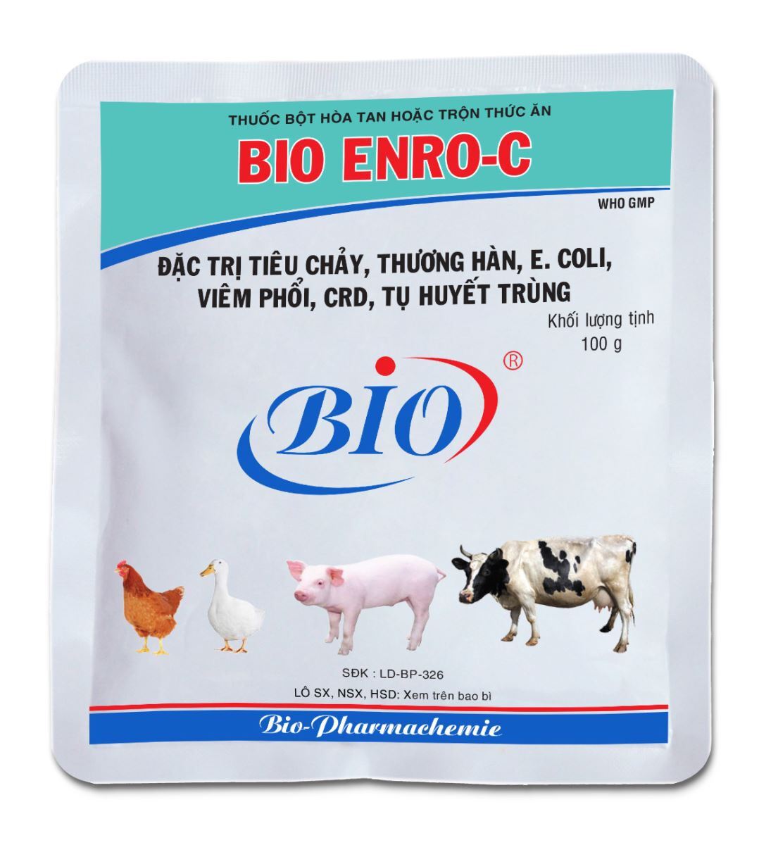 Bio Enro-C 100g đặc tri tiêu chảy, thương hàn, E coli, viêm phổi, tụ trùng huyết trên Gia Súc • Gia Cầm.