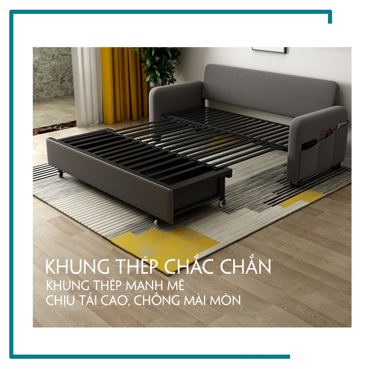 Giường sofa thông minh gấp gọn có hộc đựng đồ thế hệ mới với khung hoàn bằng sắt sơn tĩnh điện.KT: 1m6 x 1m9